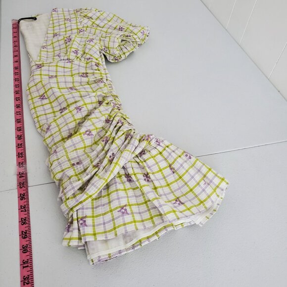 Zara Womens Embroidered Eyelet Gingham Check Mini Dress Size S Ruched Deep V - Picture 7 of 8